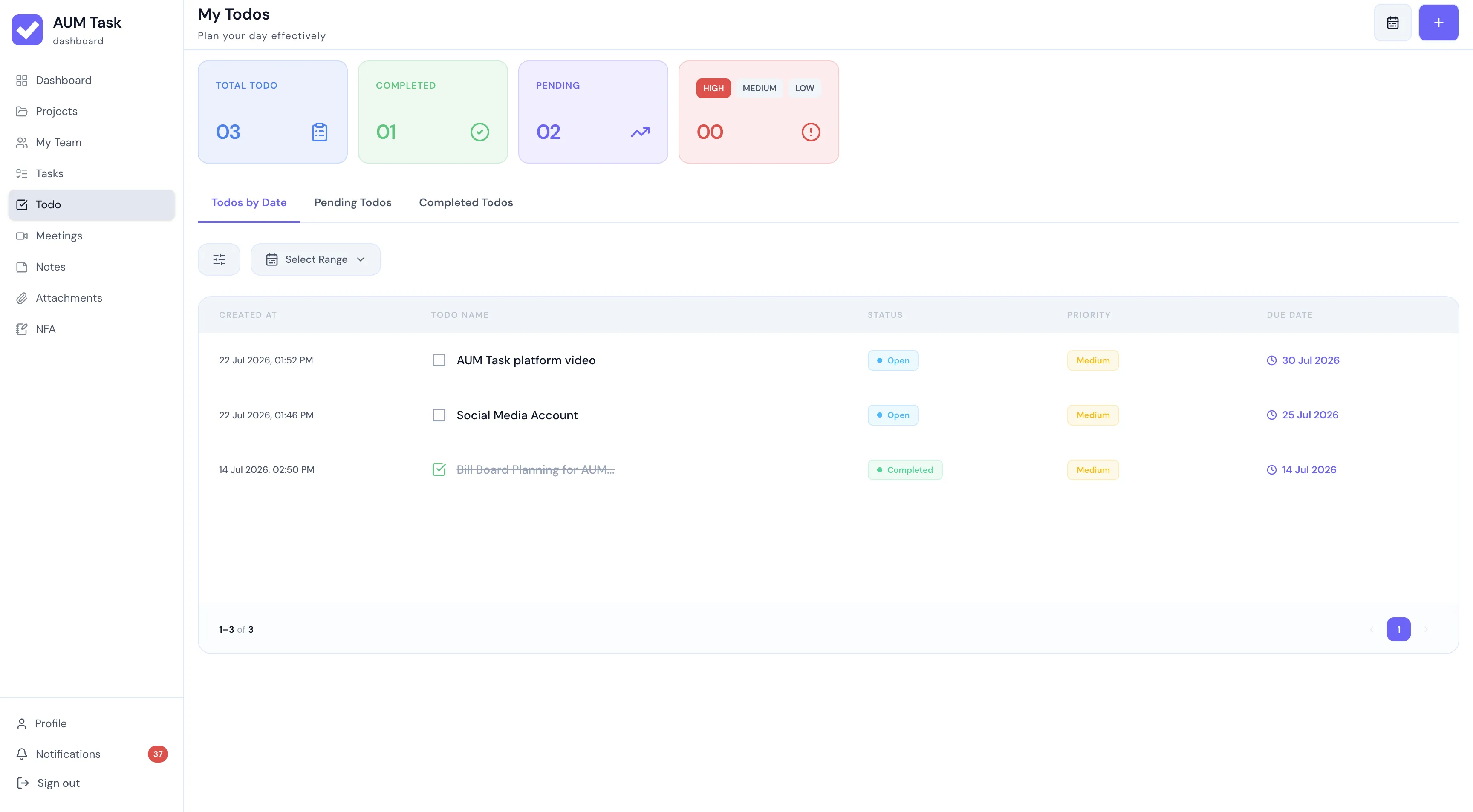 AUM Task Personal To-Do Dashboard
